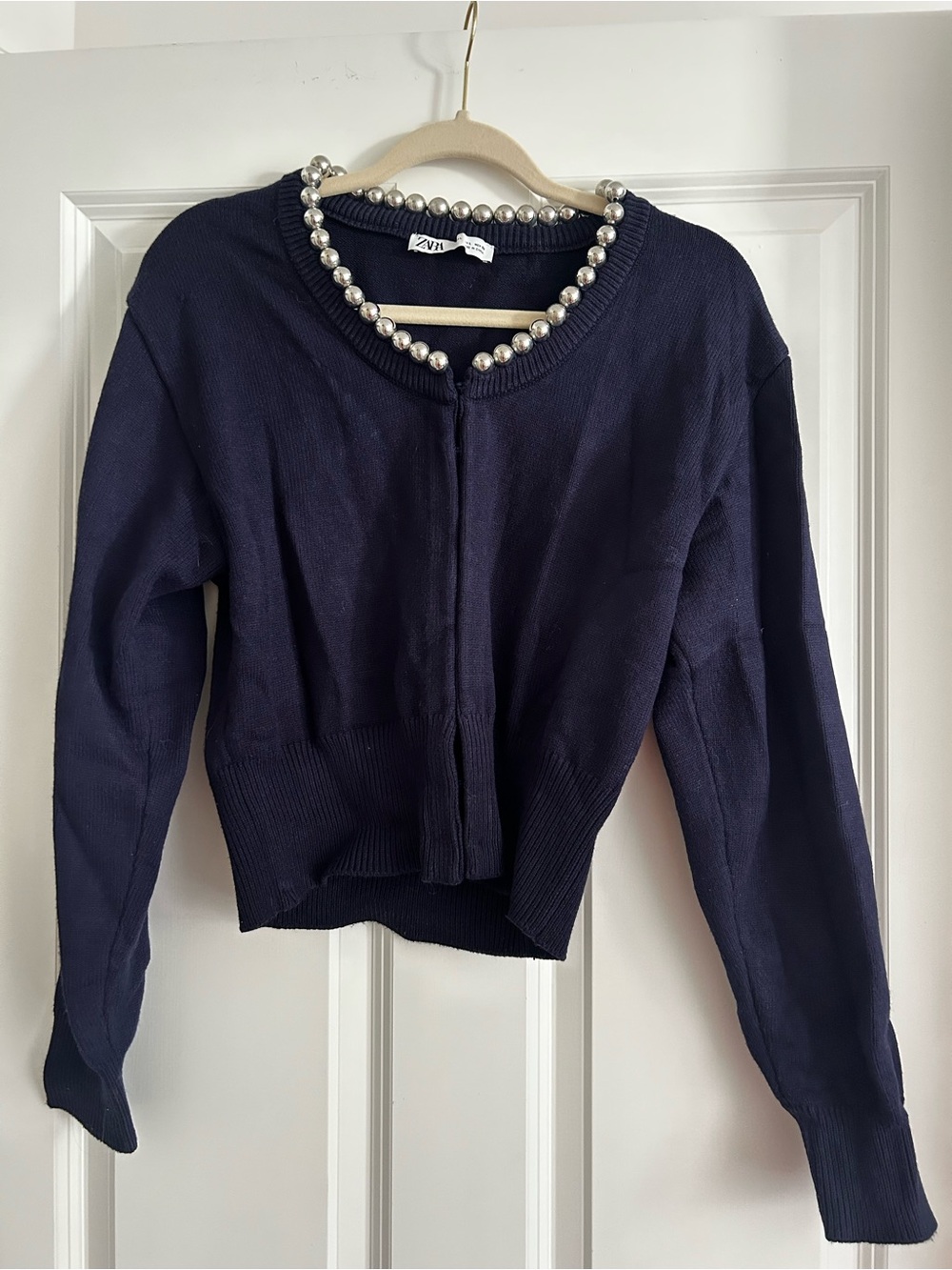 Zara Navy Pearl-Trim Knit Cardigan